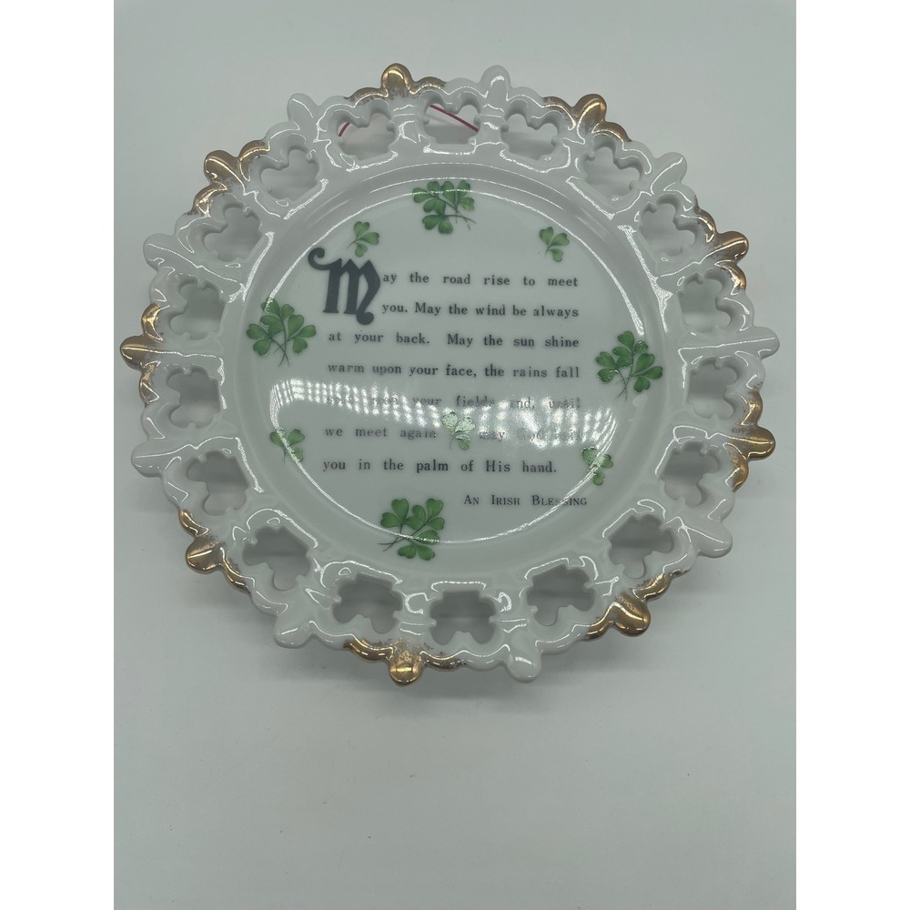 Norcrest Irish Blessing Plate Shamrock Gold Trim Pierced Edge Fine China P-115